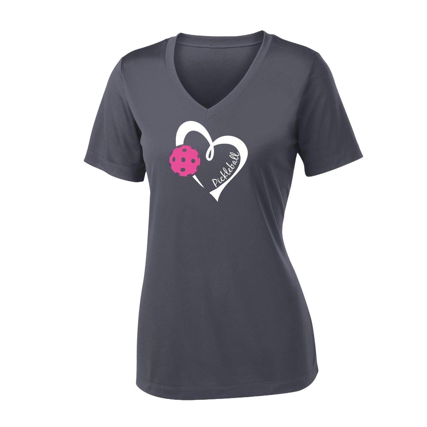 Pickleball Love (Pink) | Women's Short Sleeve V-Neck Pickleball Performance T-Shirts | 100% Polyester