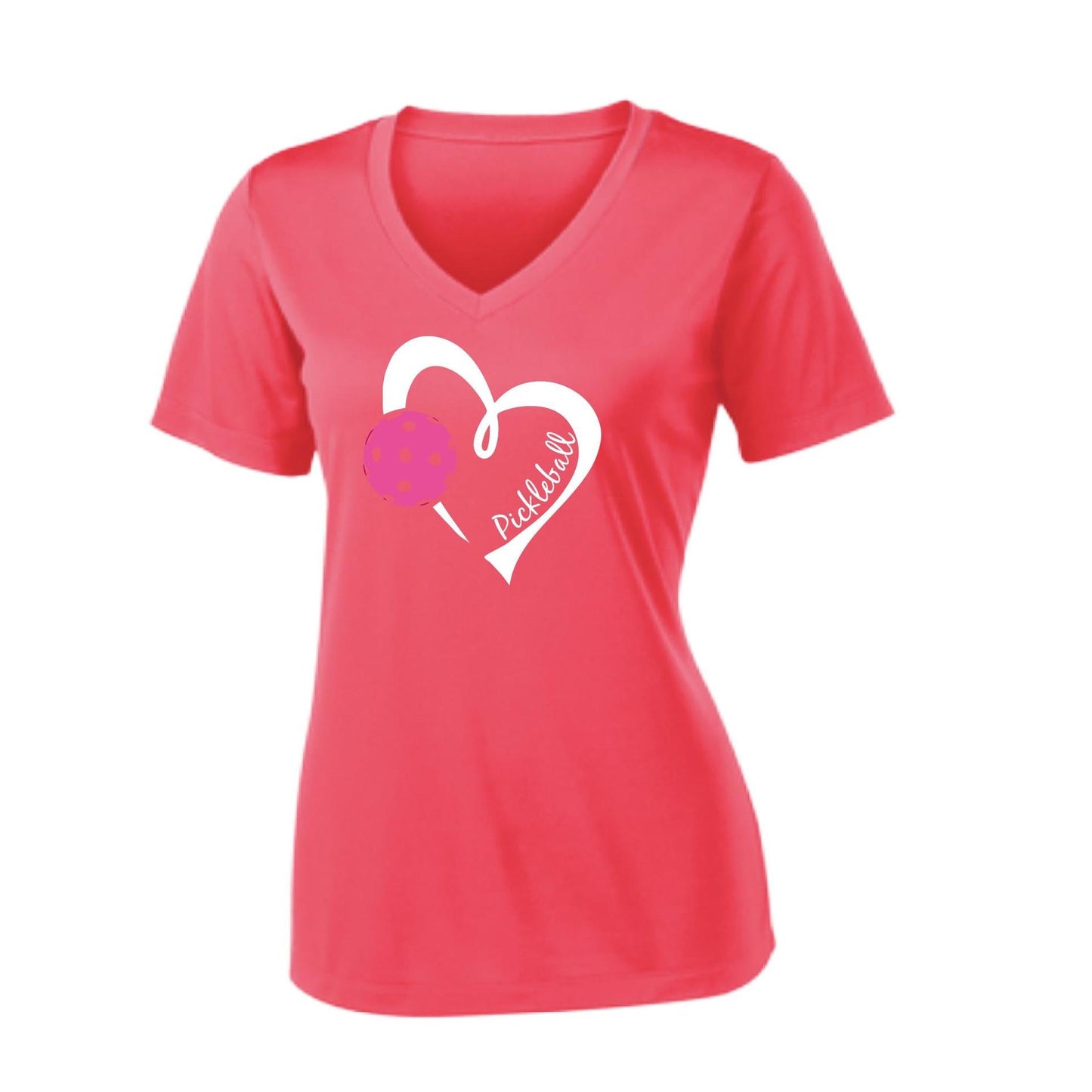 Pickleball Love (Pink) | Women's Short Sleeve V-Neck Pickleball Performance T-Shirts | 100% Polyester