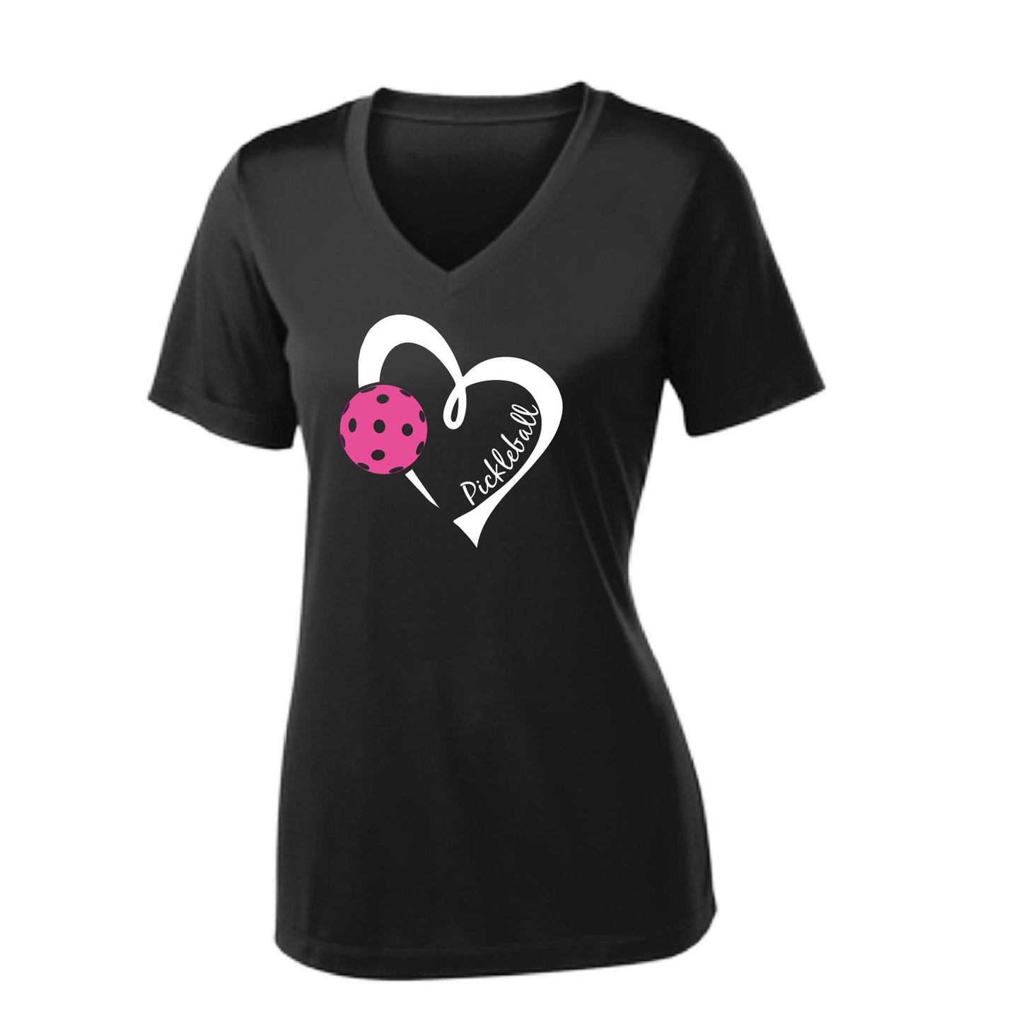 Pickleball Love (Pink) | Women's Short Sleeve V-Neck Pickleball Performance T-Shirts | 100% Polyester