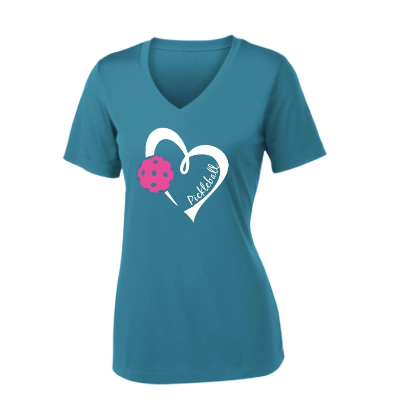 Pickleball Love (Pink) | Women's Short Sleeve V-Neck Pickleball Performance T-Shirts | 100% Polyester