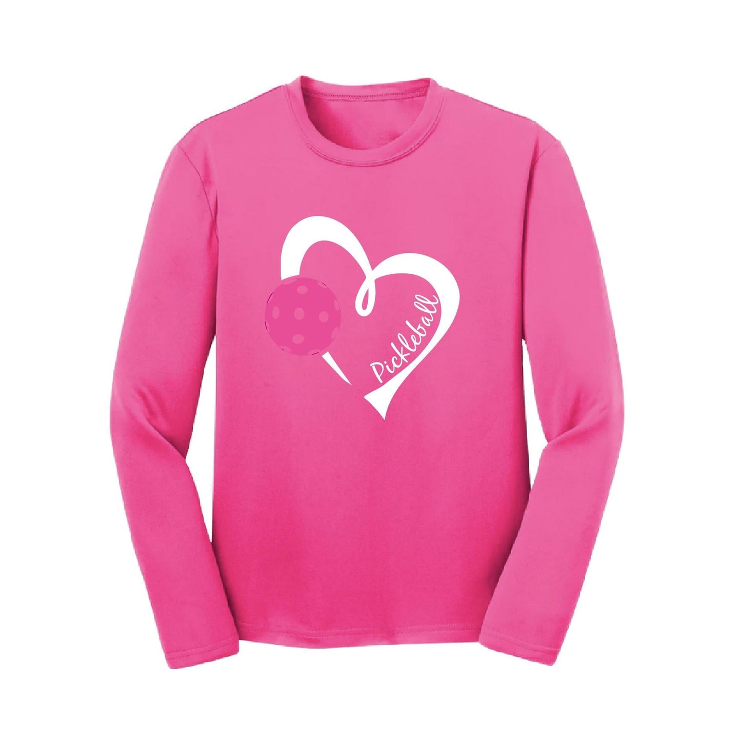 Pickleball Love (Pink) | Youth Long Sleeve Pickleball Performance T-Shirts | 100% Polyester