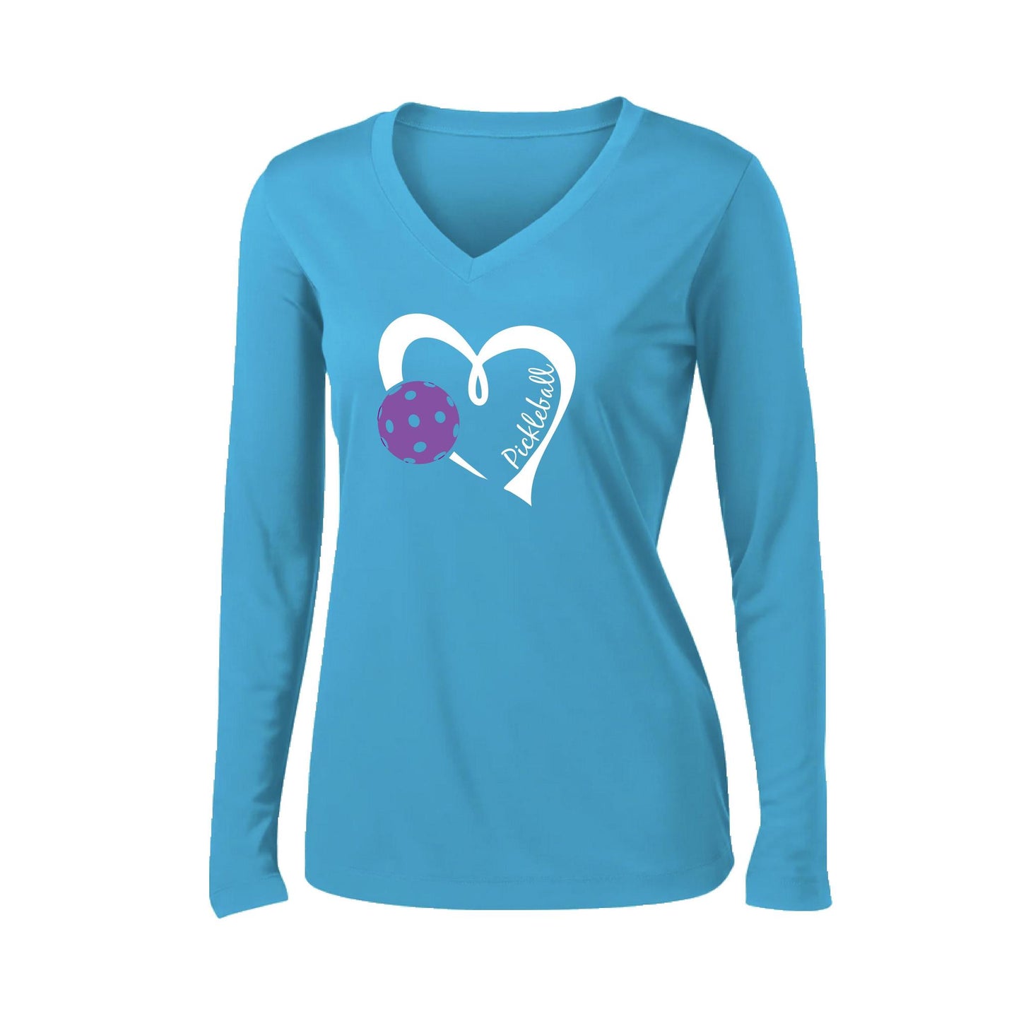 Pickleball Love (Purple) | Women’s Long Sleeve V-Neck Pickleball Performance T-Shirt | 100% Polyester