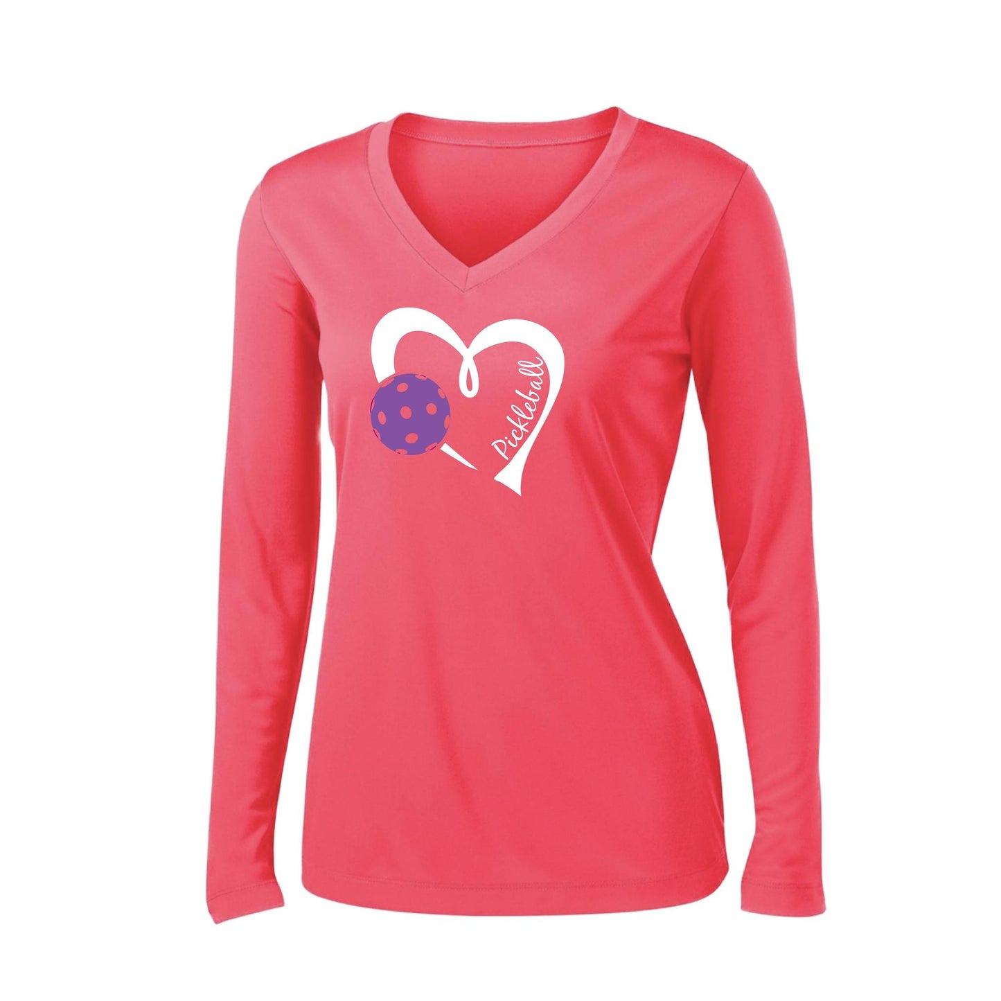 Pickleball Love (Purple) | Women’s Long Sleeve V-Neck Pickleball Performance T-Shirt | 100% Polyester