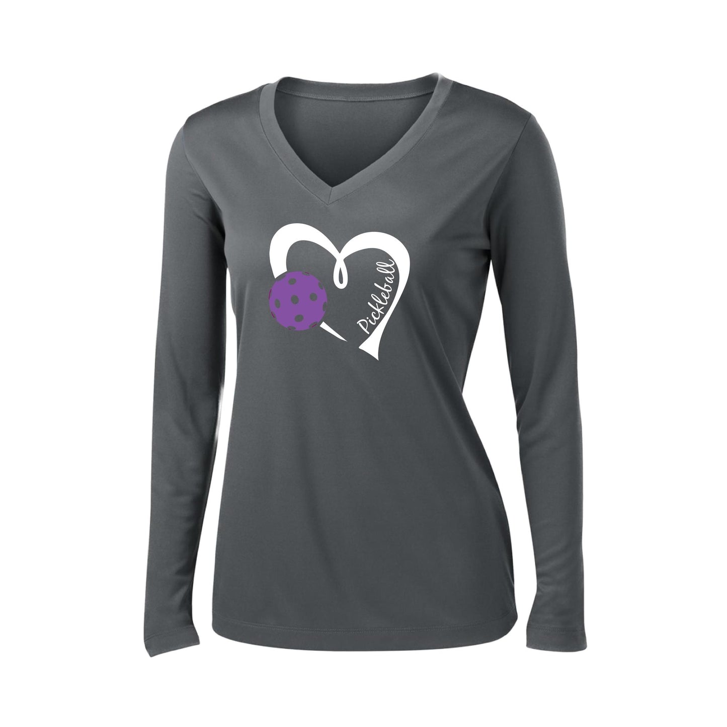 Pickleball Love (Purple) | Women’s Long Sleeve V-Neck Pickleball Performance T-Shirt | 100% Polyester