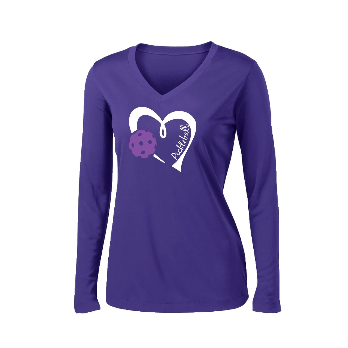 Pickleball Love (Purple) | Women’s Long Sleeve V-Neck Pickleball Performance T-Shirt | 100% Polyester