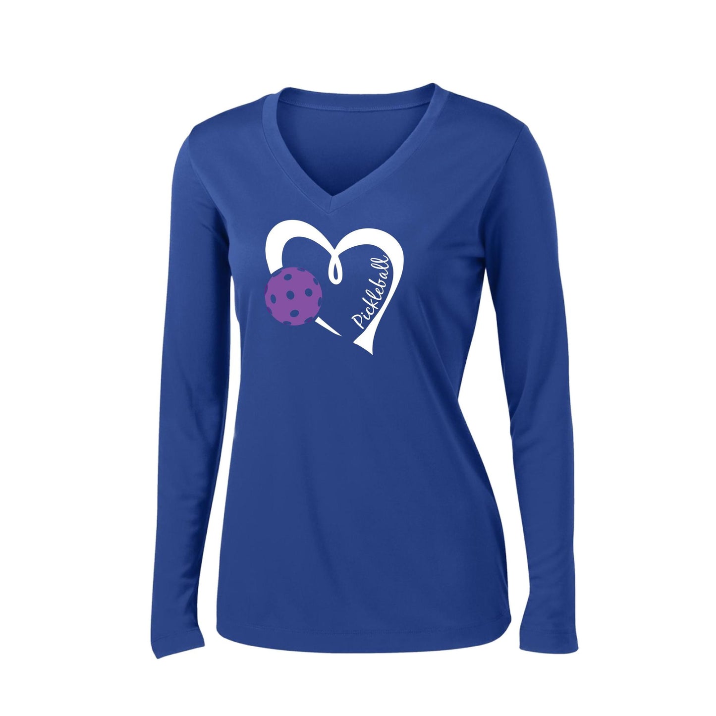 Pickleball Love (Purple) | Women’s Long Sleeve V-Neck Pickleball Performance T-Shirt | 100% Polyester