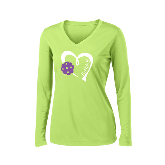 Pickleball Love (Purple) | Women’s Long Sleeve V-Neck Pickleball Performance T-Shirt | 100% Polyester
