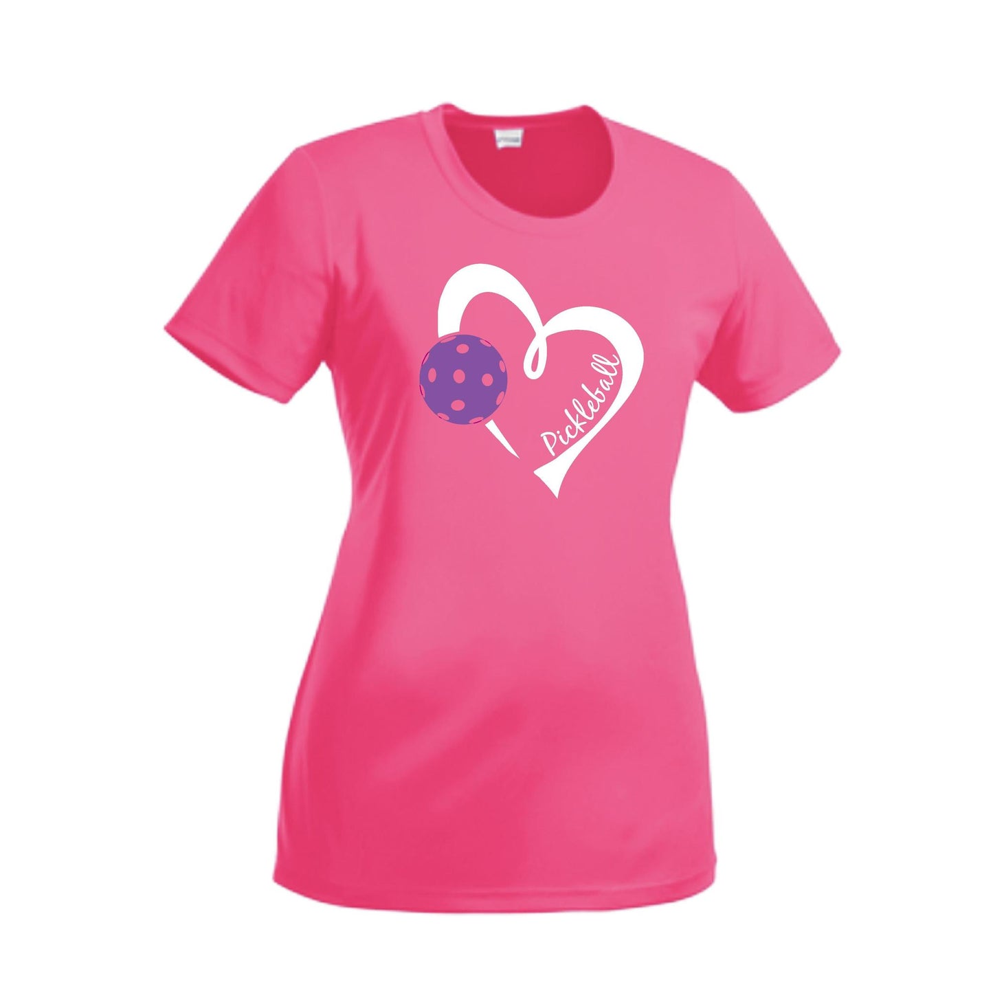 Pickleball Love (Purple) | Women’s Short Sleeve Crewneck Pickleball Performance T-Shirts | 100% Polyester