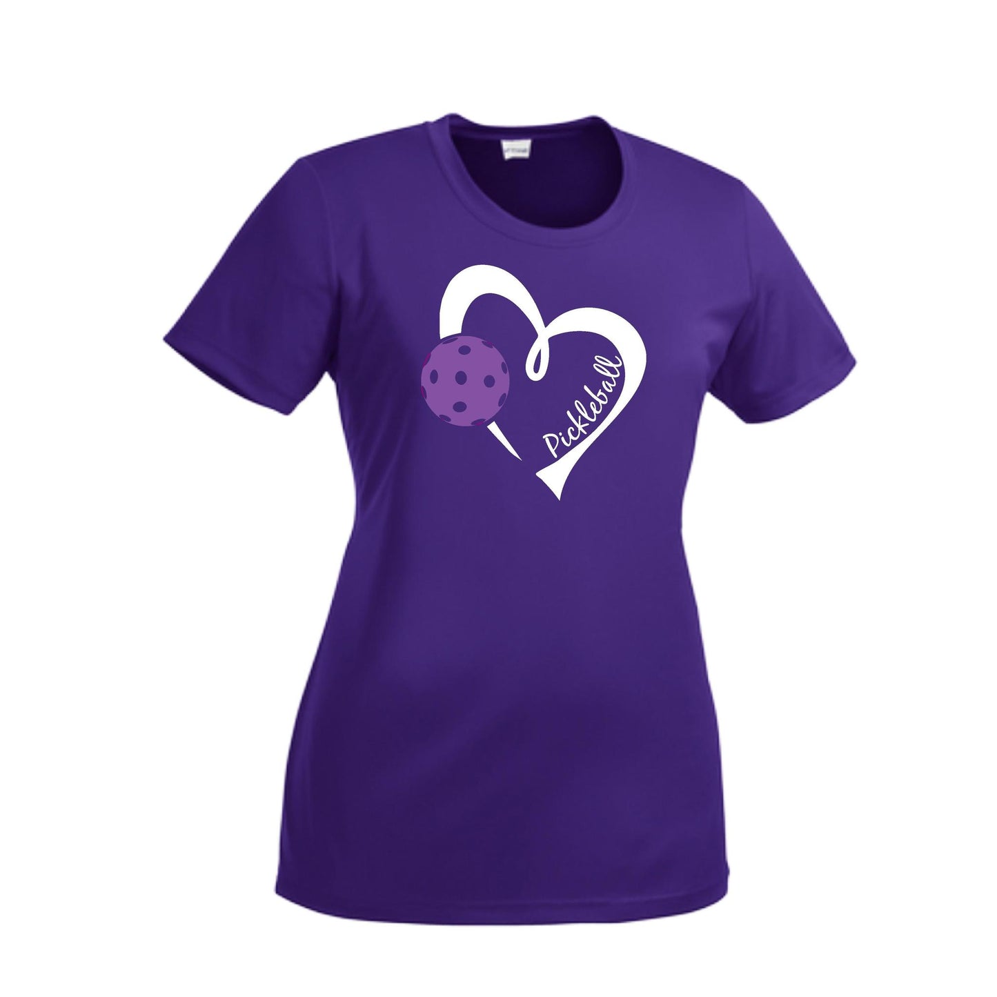 Pickleball Love (Purple) | Women’s Short Sleeve Crewneck Pickleball Performance T-Shirts | 100% Polyester