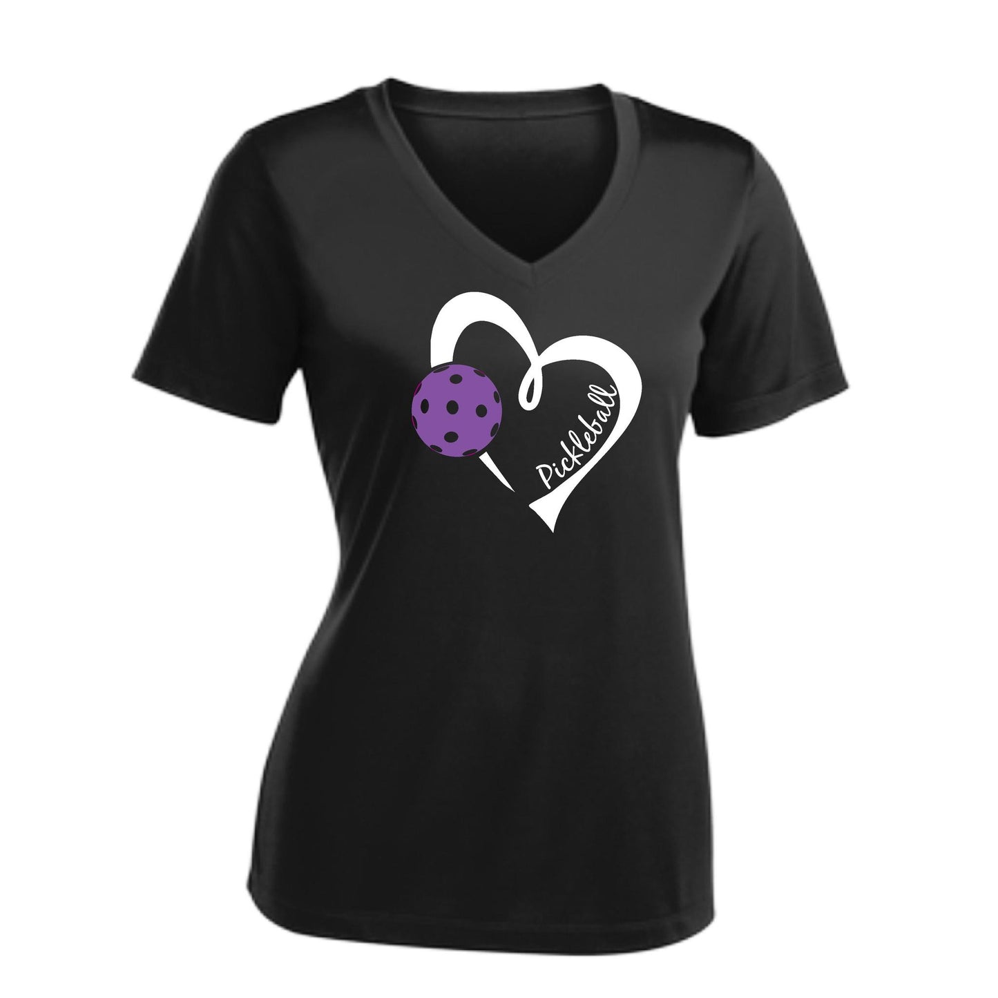 Pickleball Love (Purple) | Women's Short Sleeve V-Neck Pickleball Performance T-Shirts | 100% Polyester