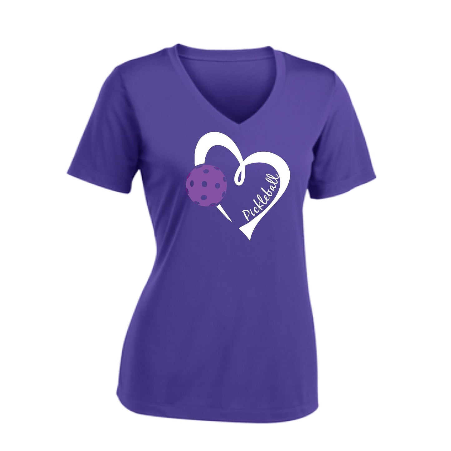 Pickleball Love (Purple) | Women's Short Sleeve V-Neck Pickleball Performance T-Shirts | 100% Polyester