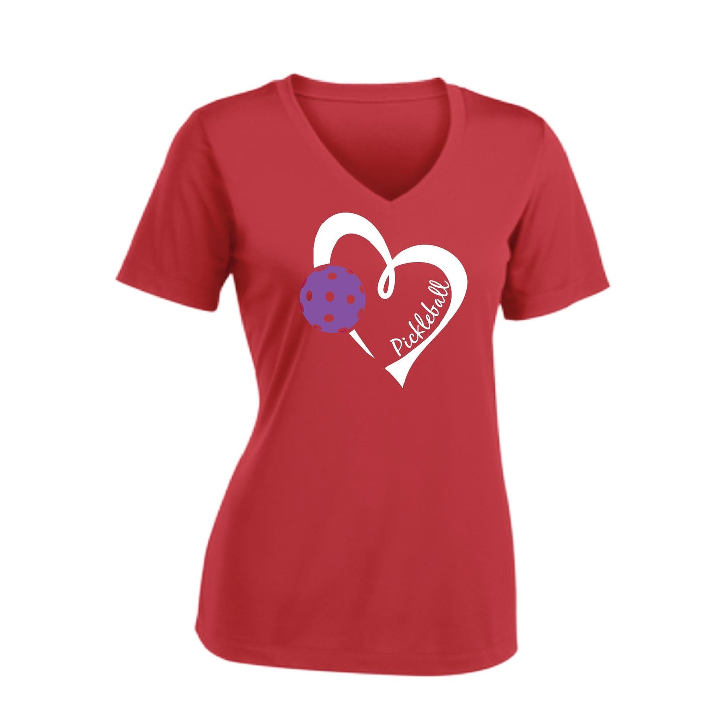 Pickleball Love (Purple) | Women's Short Sleeve V-Neck Pickleball Performance T-Shirts | 100% Polyester