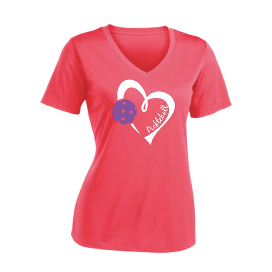 Pickleball Love (Purple) | Women's Short Sleeve V-Neck Pickleball Performance T-Shirts | 100% Polyester
