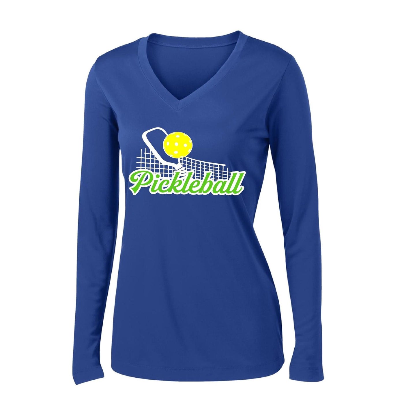 Pickleball Net | Women’s Long Sleeve V-Neck Pickleball Performance T-Shirt | 100% Polyester