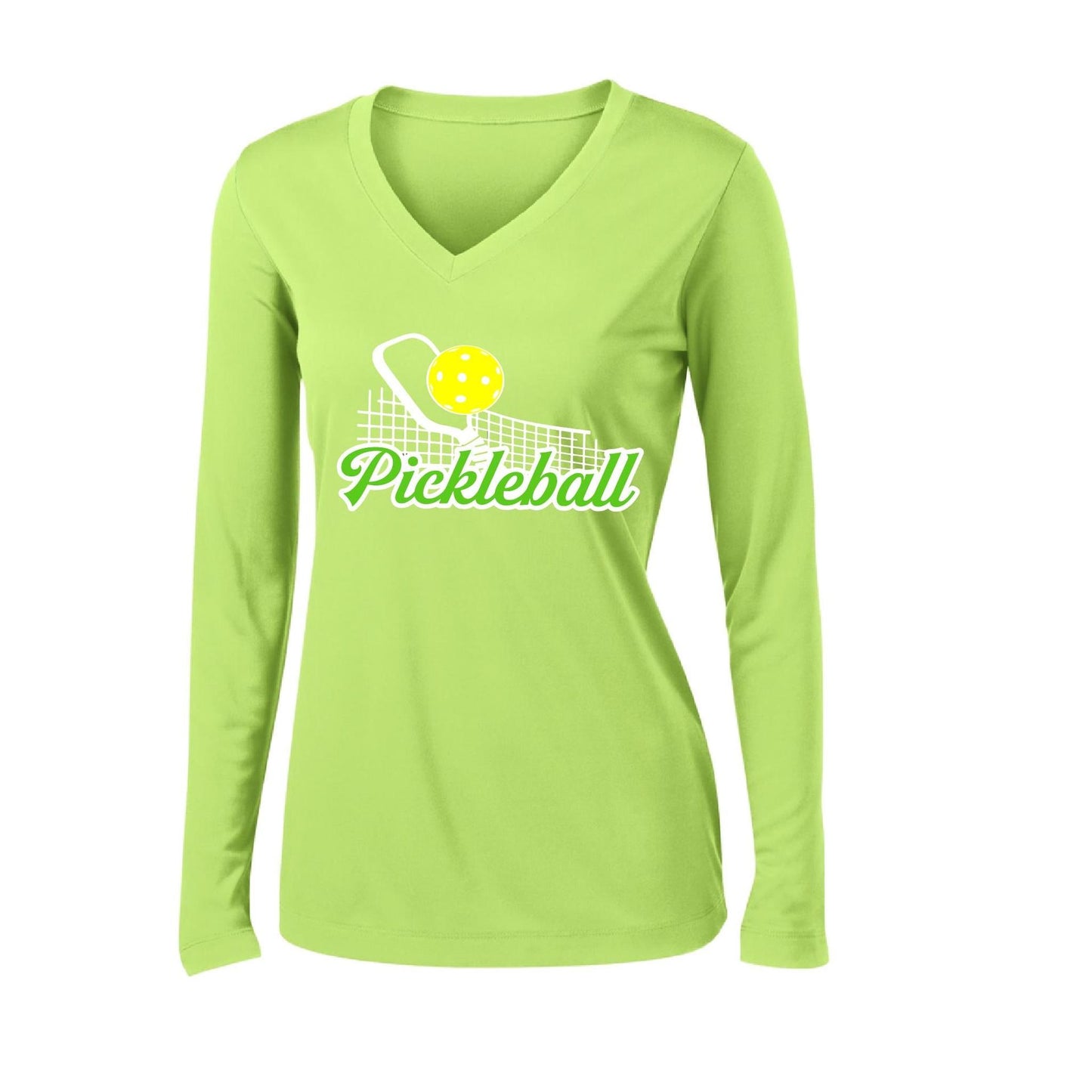 Pickleball Net | Women’s Long Sleeve V-Neck Pickleball Performance T-Shirt | 100% Polyester