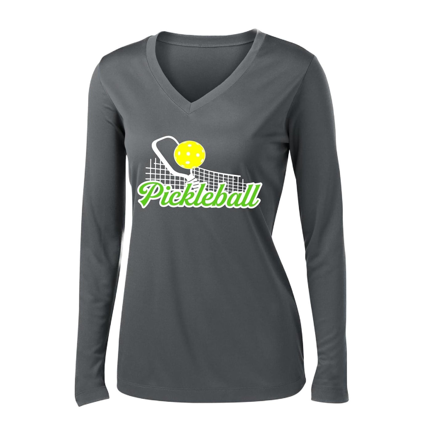 Pickleball Net | Women’s Long Sleeve V-Neck Pickleball Performance T-Shirt | 100% Polyester