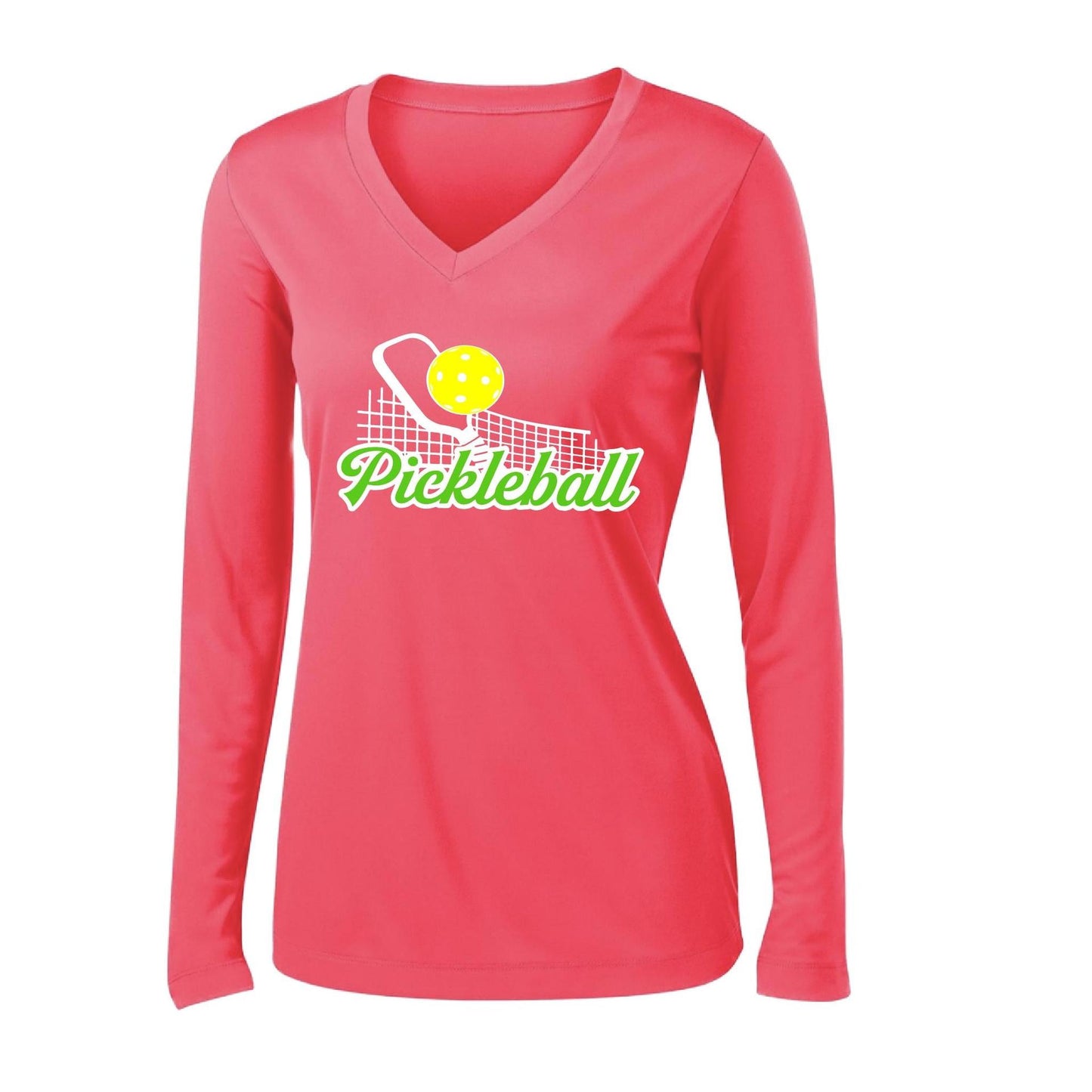 Pickleball Net | Women’s Long Sleeve V-Neck Pickleball Performance T-Shirt | 100% Polyester