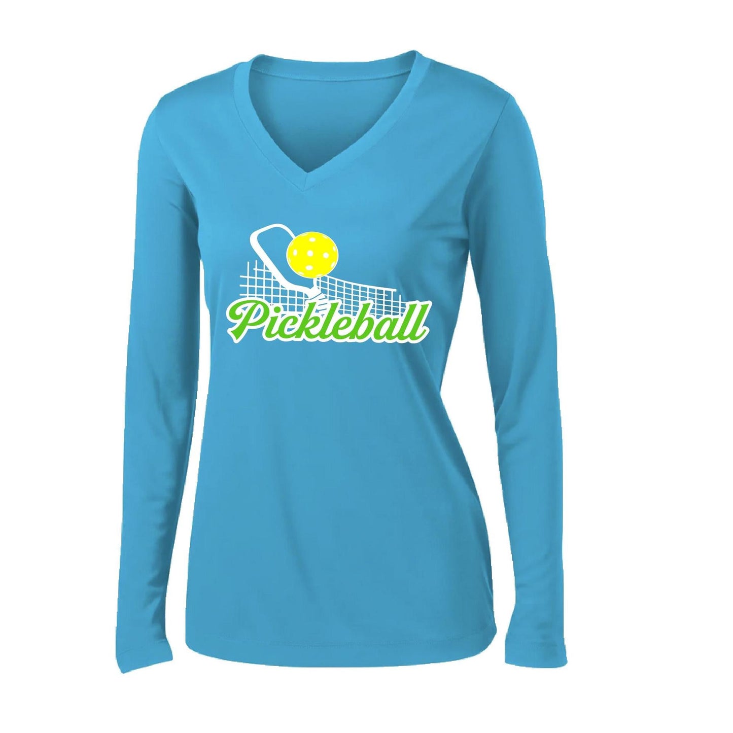 Pickleball Net | Women’s Long Sleeve V-Neck Pickleball Performance T-Shirt | 100% Polyester