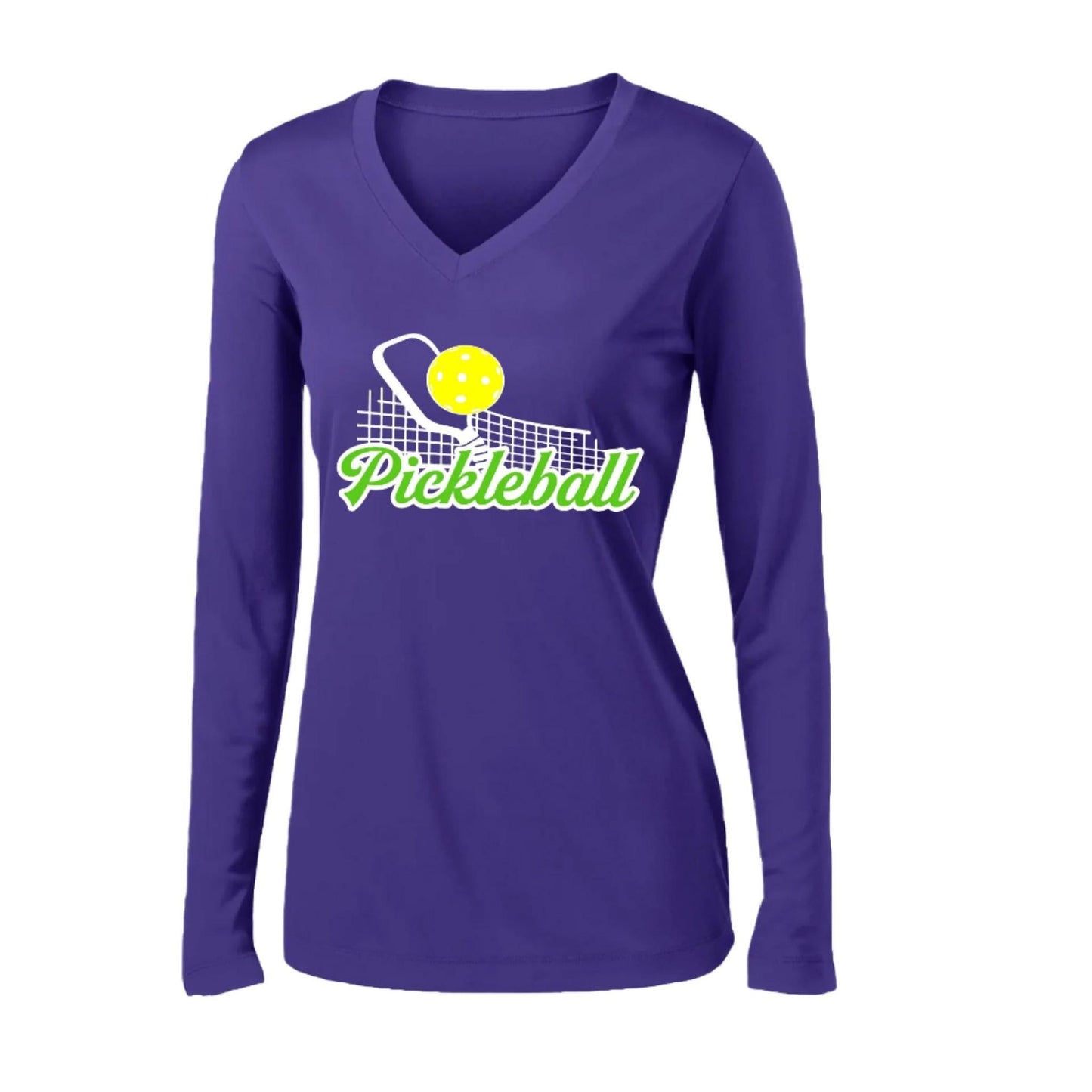Pickleball Net | Women’s Long Sleeve V-Neck Pickleball Performance T-Shirt | 100% Polyester