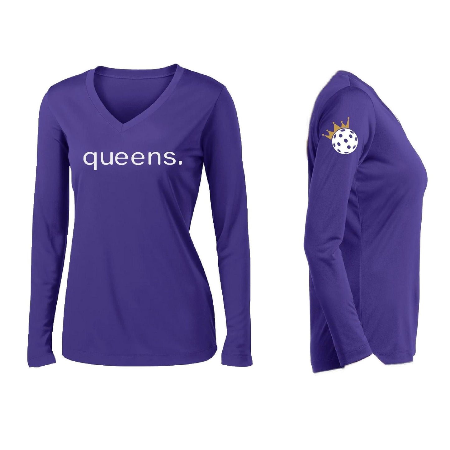 Pickleball Queens and Crown | Women’s Long Sleeve V-Neck Pickleball Performance T-Shirt | 100% Polyester
