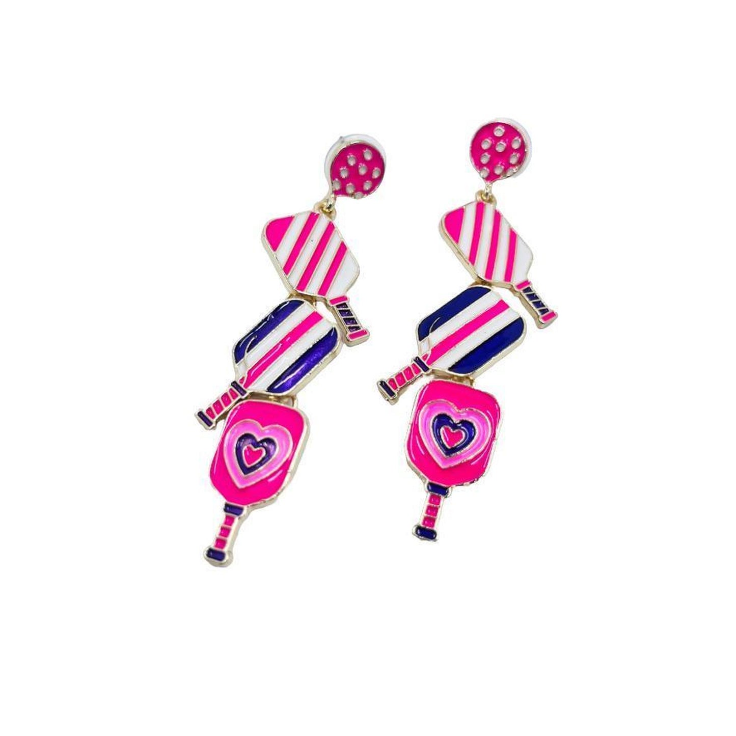 Pickleball Triple-Linked Enamel Earrings With Pickleball Gnome | Pickleball Jewelry | Fun Pickleball Gifts