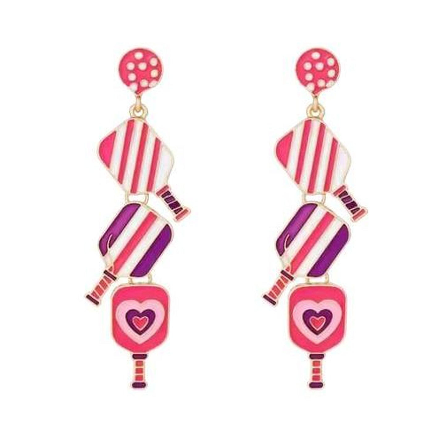Pickleball Triple-Linked Enamel Earrings With Pickleball Gnome | Pickleball Jewelry | Fun Pickleball Gifts