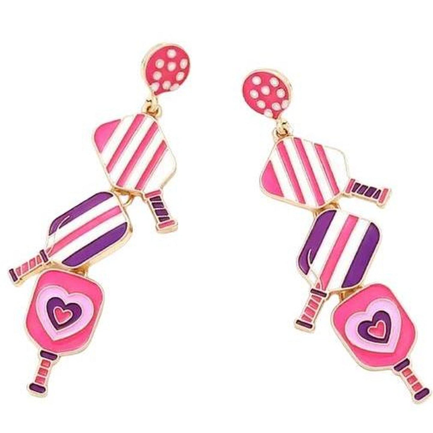 Pickleball Triple-Linked Enamel Earrings With Pickleball Gnome | Pickleball Jewelry | Fun Pickleball Gifts