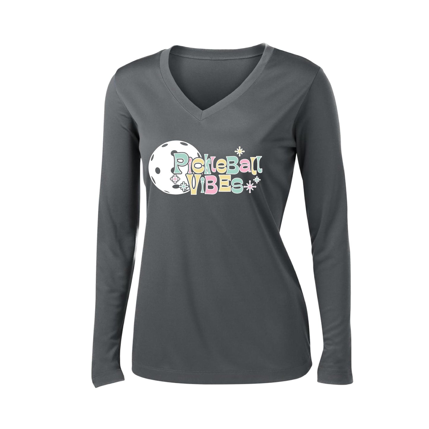 Pickleball Vibes | Women’s Long Sleeve V-Neck Pickleball Performance T-Shirt | 100% Polyester
