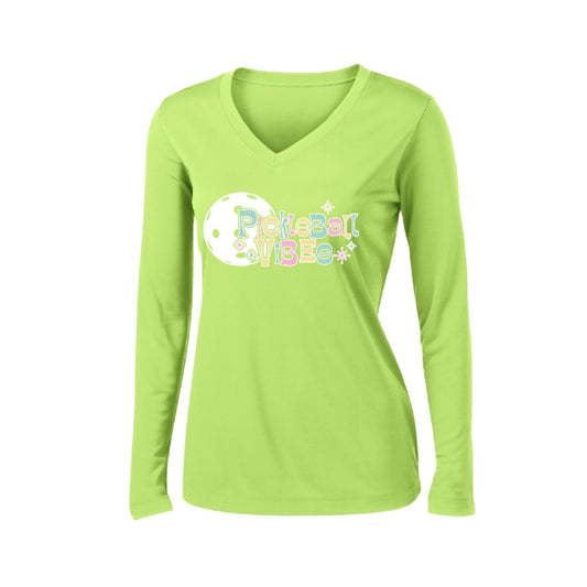 Pickleball Vibes | Women’s Long Sleeve V-Neck Pickleball Performance T-Shirt | 100% Polyester