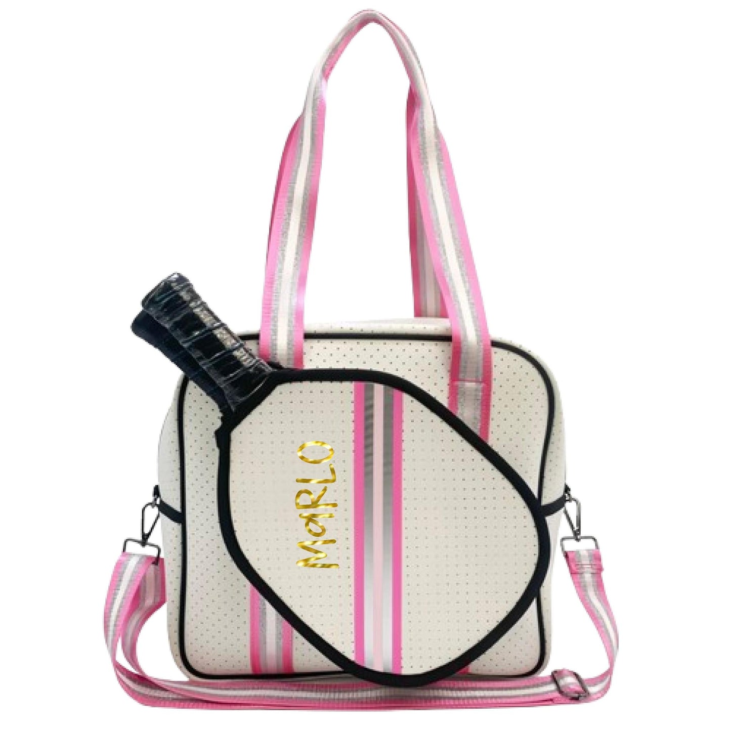 "Pink Frost" White and Pink/Silver Trim Pickleball Sports Bag (Free Customization) | Medium Size Court Bag