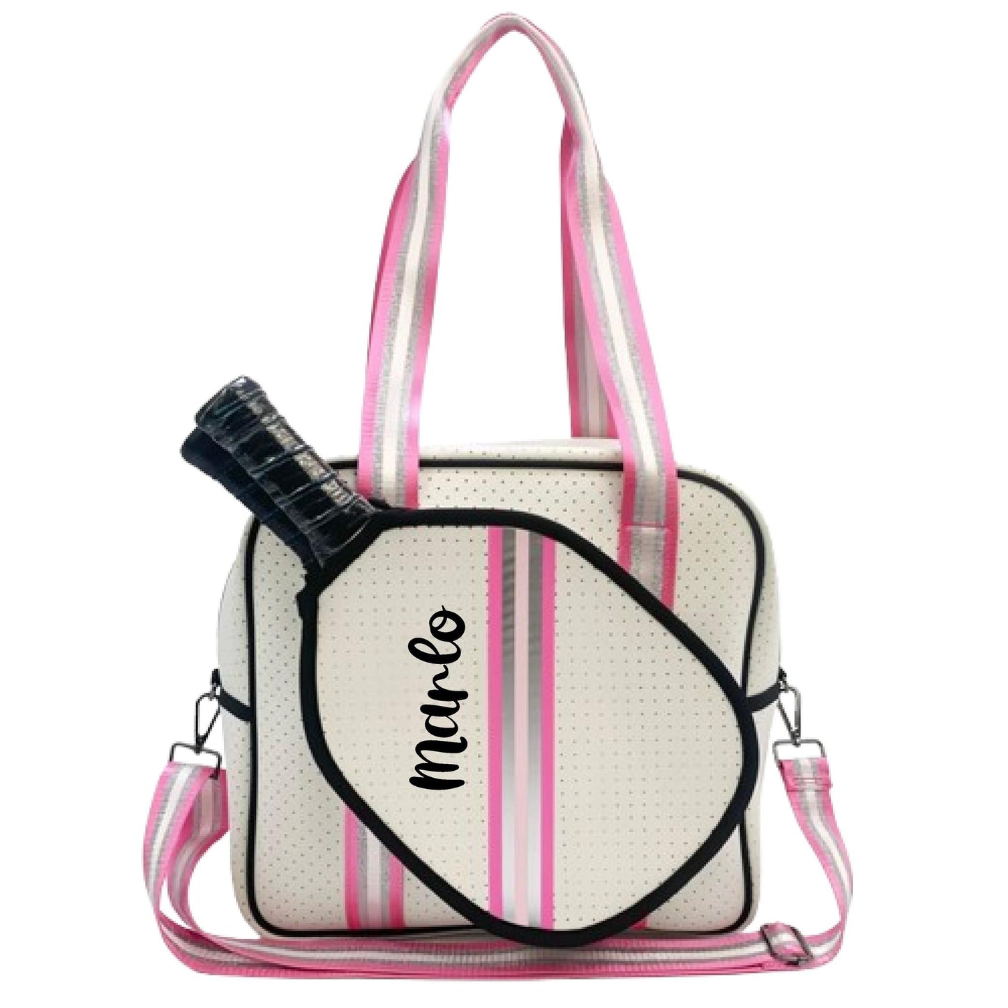"Pink Frost" White and Pink/Silver Trim Pickleball Sports Bag (Free Customization) | Medium Size Court Bag