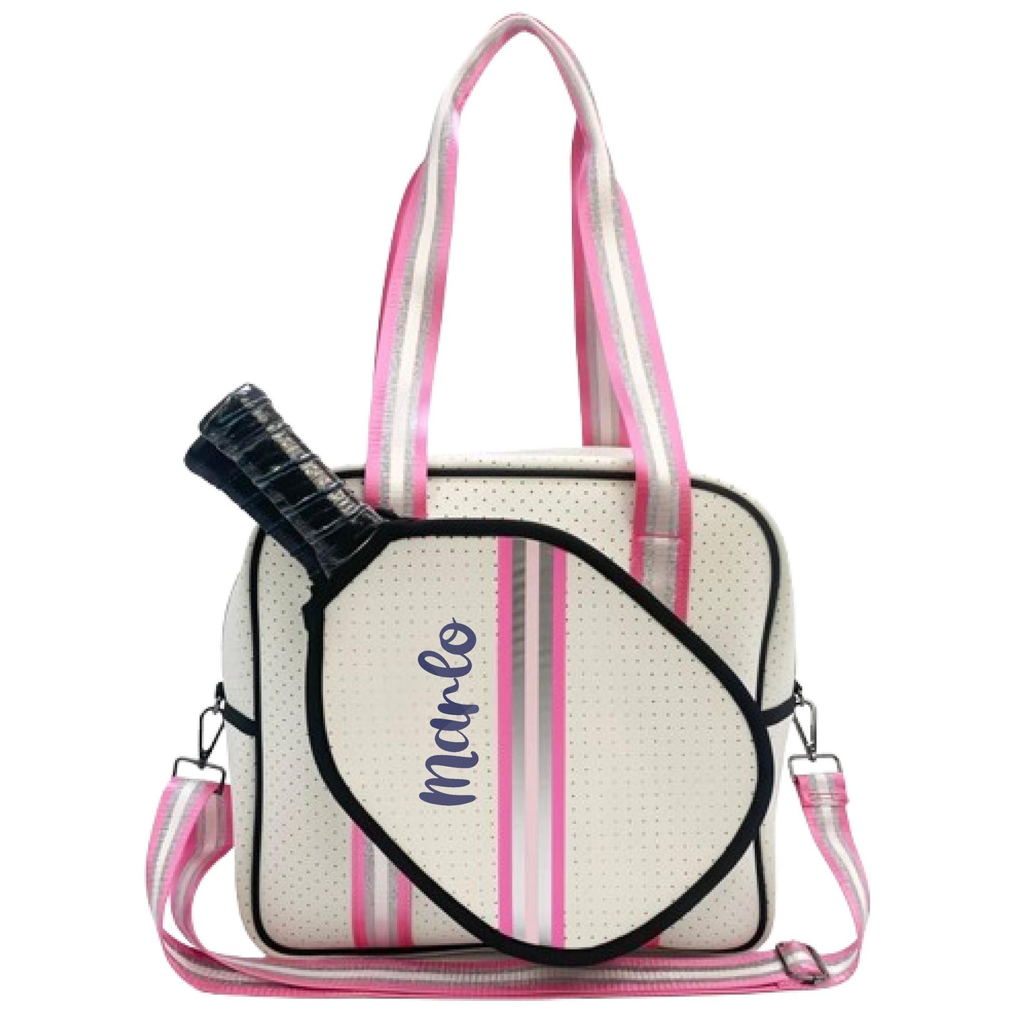 "Pink Frost" White and Pink/Silver Trim Pickleball Sports Bag (Free Customization) | Medium Size Court Bag