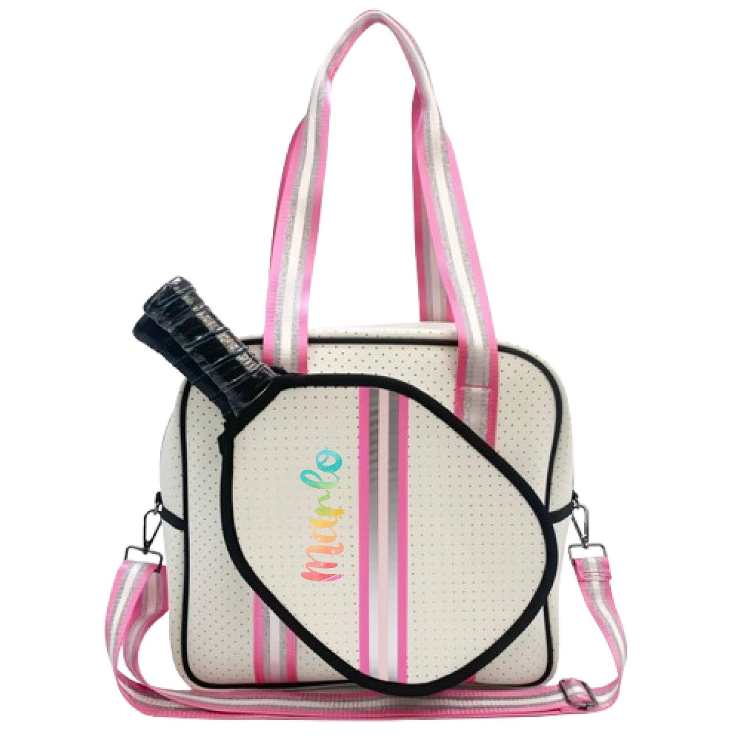"Pink Frost" White and Pink/Silver Trim Pickleball Sports Bag (Free Customization) | Medium Size Court Bag