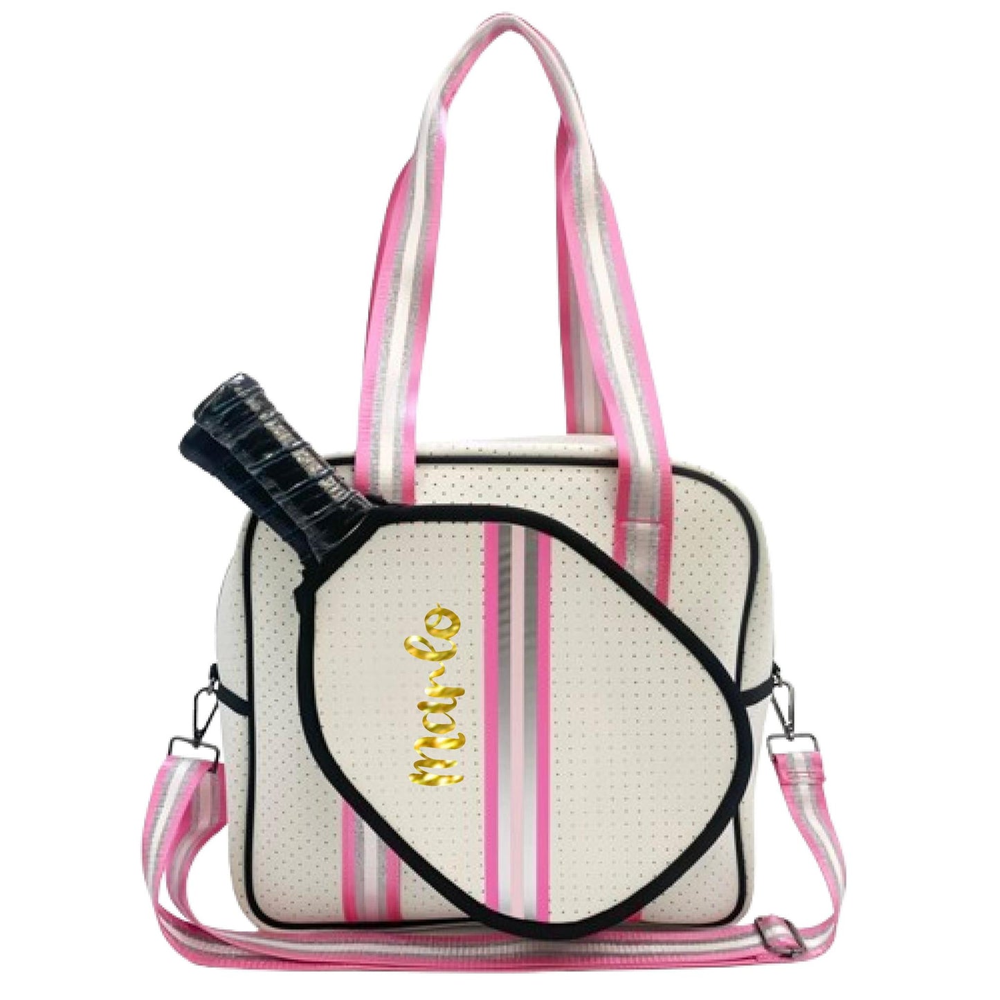 "Pink Frost" White and Pink/Silver Trim Pickleball Sports Bag (Free Customization) | Medium Size Court Bag