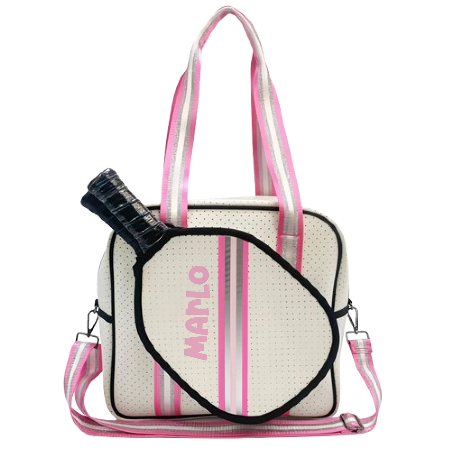 "Pink Frost" White and Pink/Silver Trim Pickleball Sports Bag (Free Customization) | Medium Size Court Bag