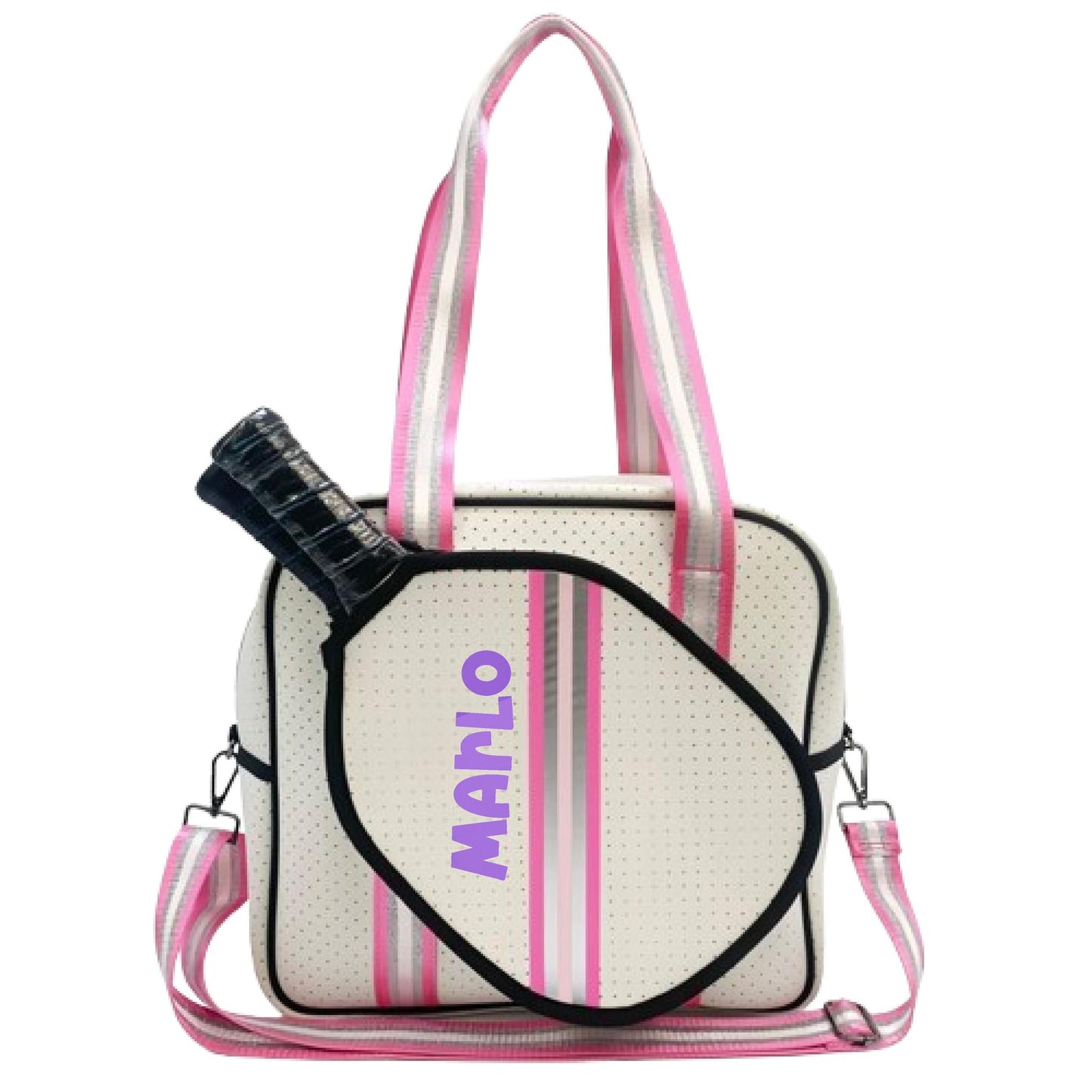 "Pink Frost" White and Pink/Silver Trim Pickleball Sports Bag (Free Customization) | Medium Size Court Bag