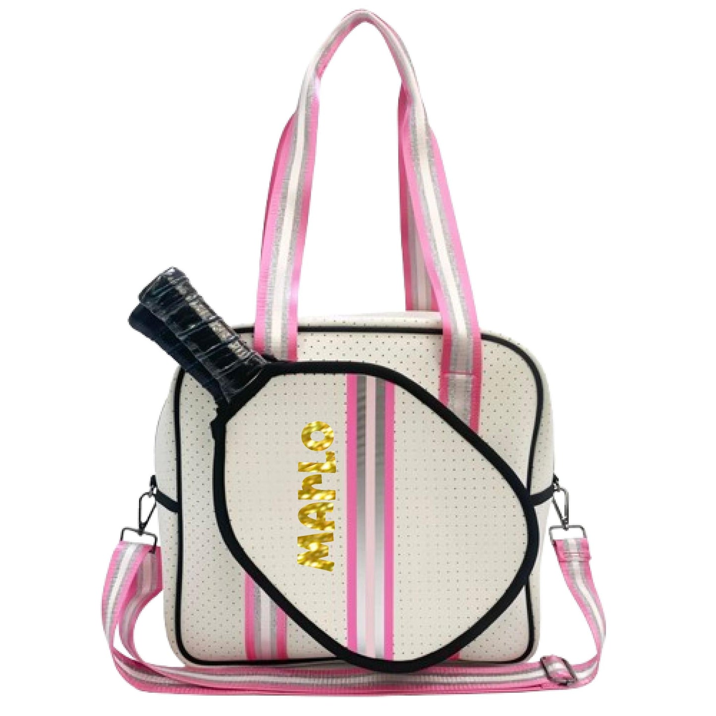 "Pink Frost" White and Pink/Silver Trim Pickleball Sports Bag (Free Customization) | Medium Size Court Bag