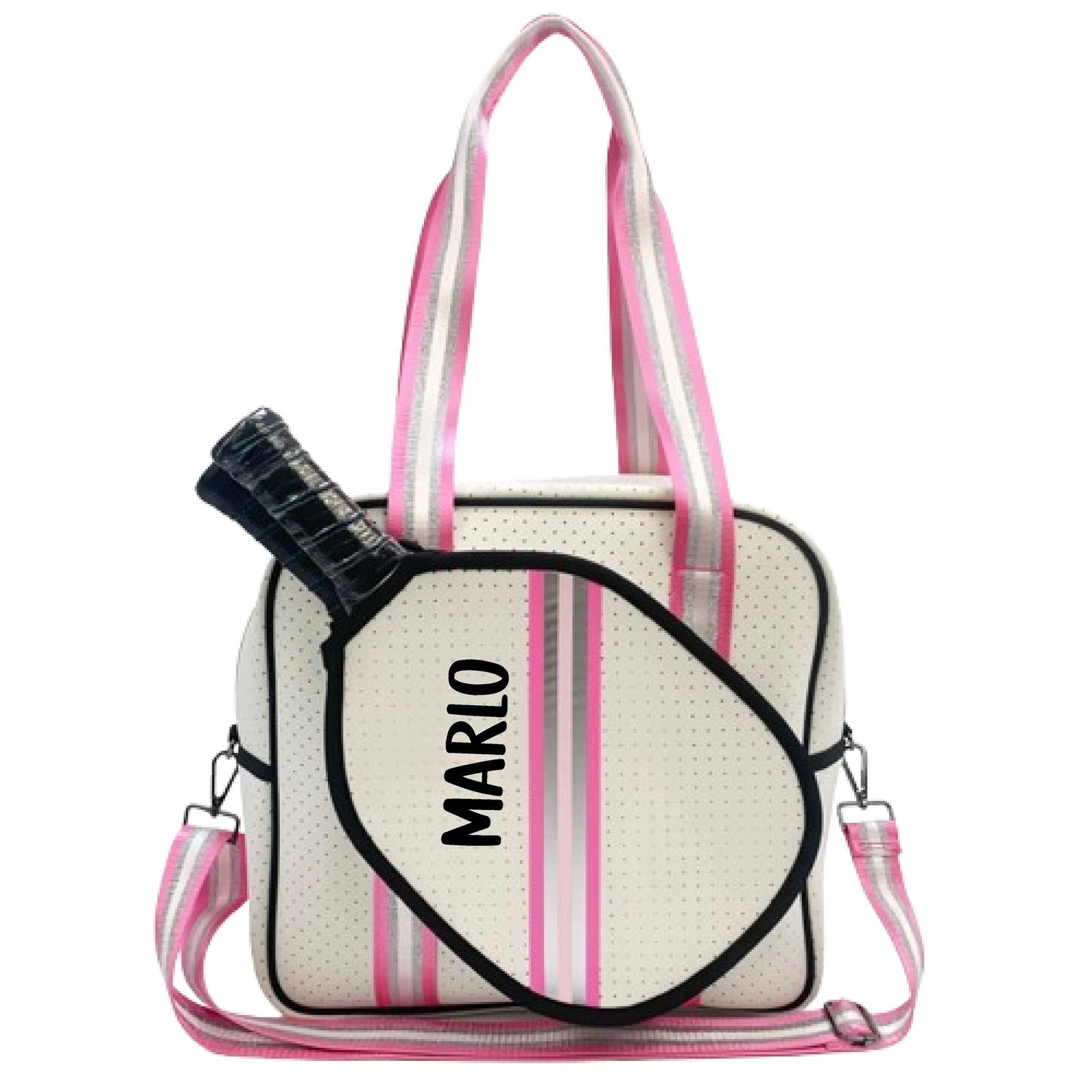 "Pink Frost" White and Pink/Silver Trim Pickleball Sports Bag (Free Customization) | Medium Size Court Bag