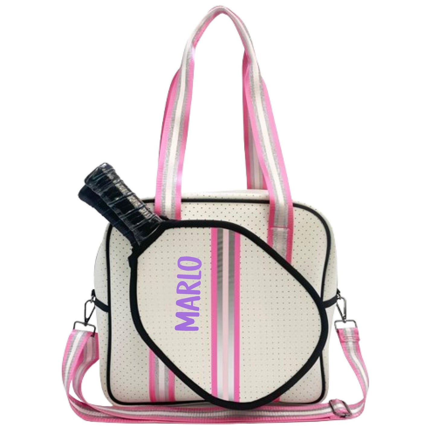 "Pink Frost" White and Pink/Silver Trim Pickleball Sports Bag (Free Customization) | Medium Size Court Bag