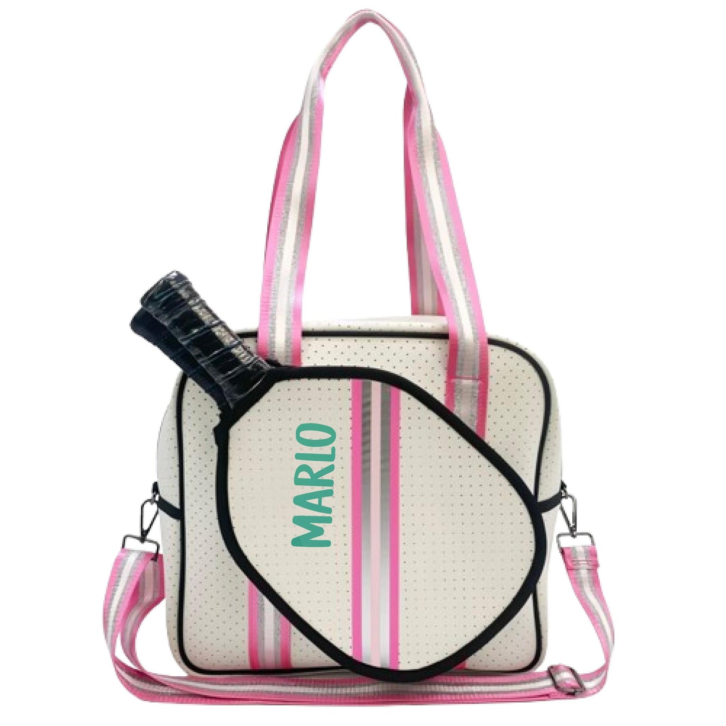 "Pink Frost" White and Pink/Silver Trim Pickleball Sports Bag (Free Customization) | Medium Size Court Bag