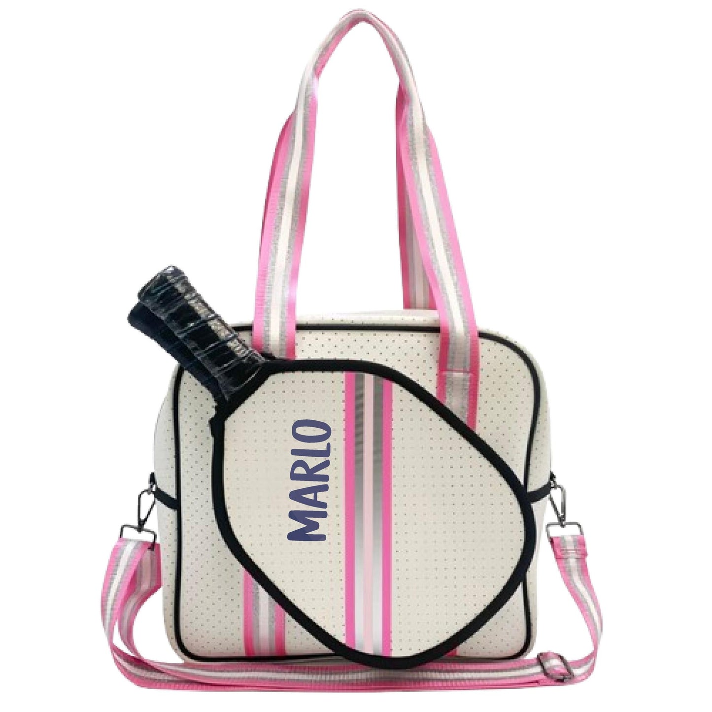 "Pink Frost" White and Pink/Silver Trim Pickleball Sports Bag (Free Customization) | Medium Size Court Bag