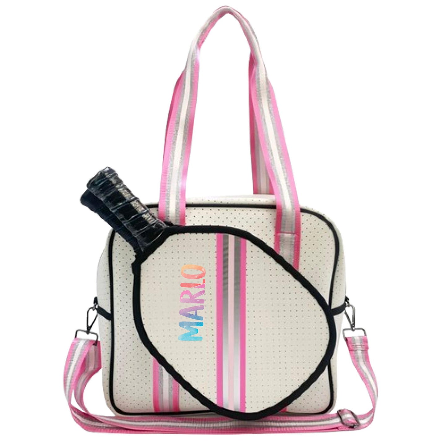 "Pink Frost" White and Pink/Silver Trim Pickleball Sports Bag (Free Customization) | Medium Size Court Bag