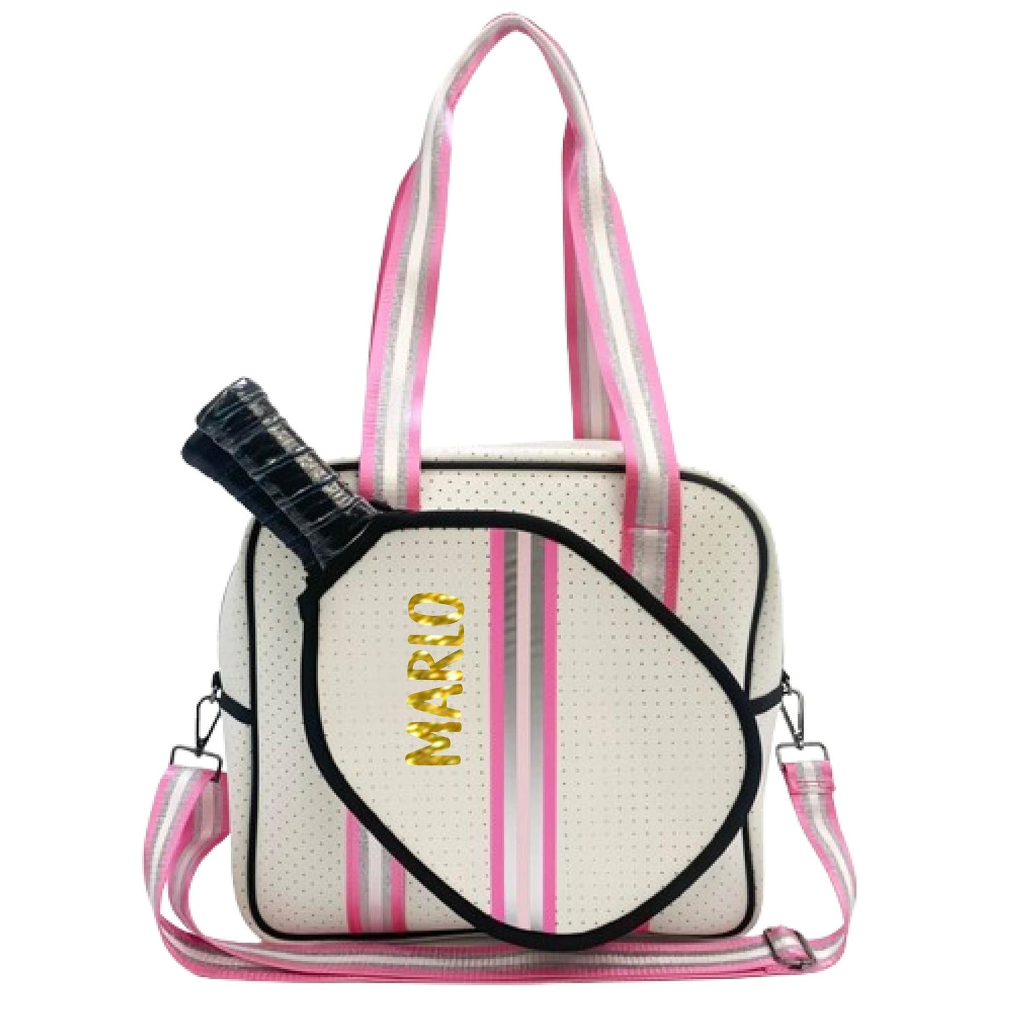 "Pink Frost" White and Pink/Silver Trim Pickleball Sports Bag (Free Customization) | Medium Size Court Bag