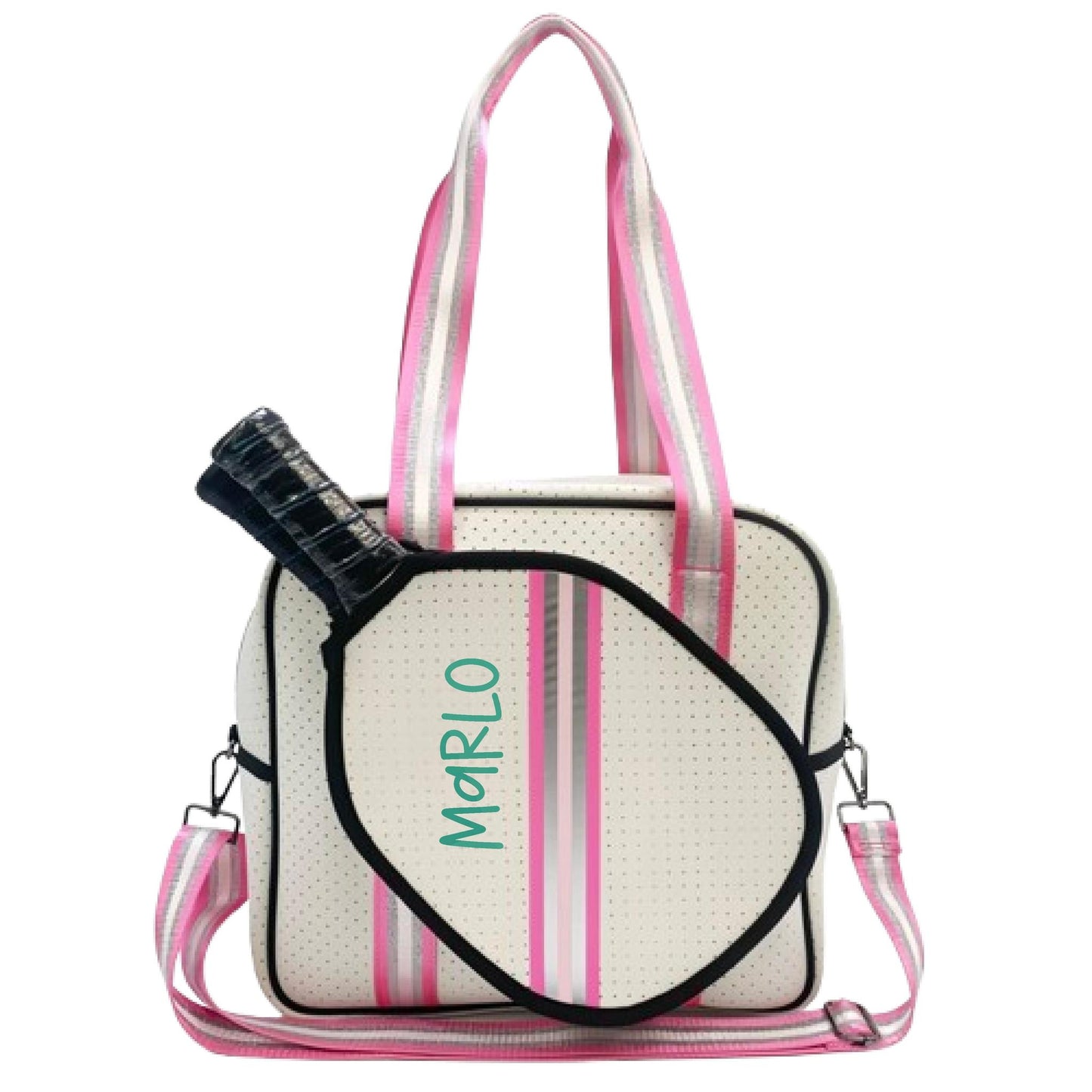 "Pink Frost" White and Pink/Silver Trim Pickleball Sports Bag (Free Customization) | Medium Size Court Bag