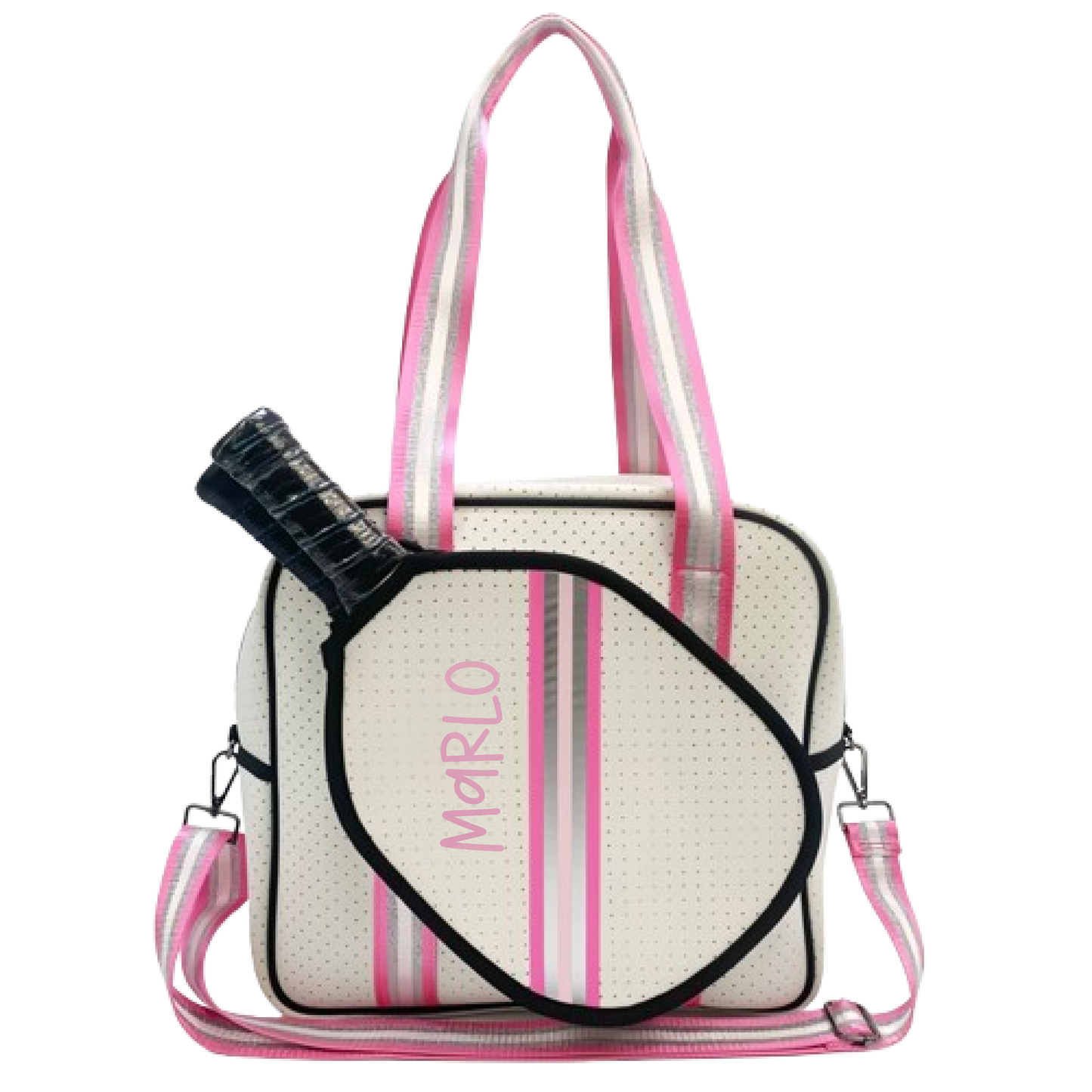 "Pink Frost" White and Pink/Silver Trim Pickleball Sports Bag (Free Customization) | Medium Size Court Bag