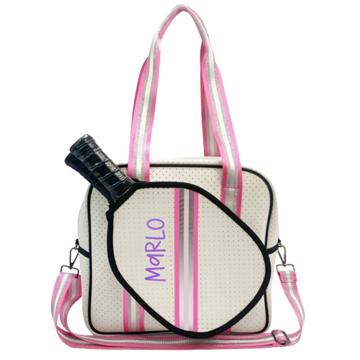 "Pink Frost" White and Pink/Silver Trim Pickleball Sports Bag (Free Customization) | Medium Size Court Bag