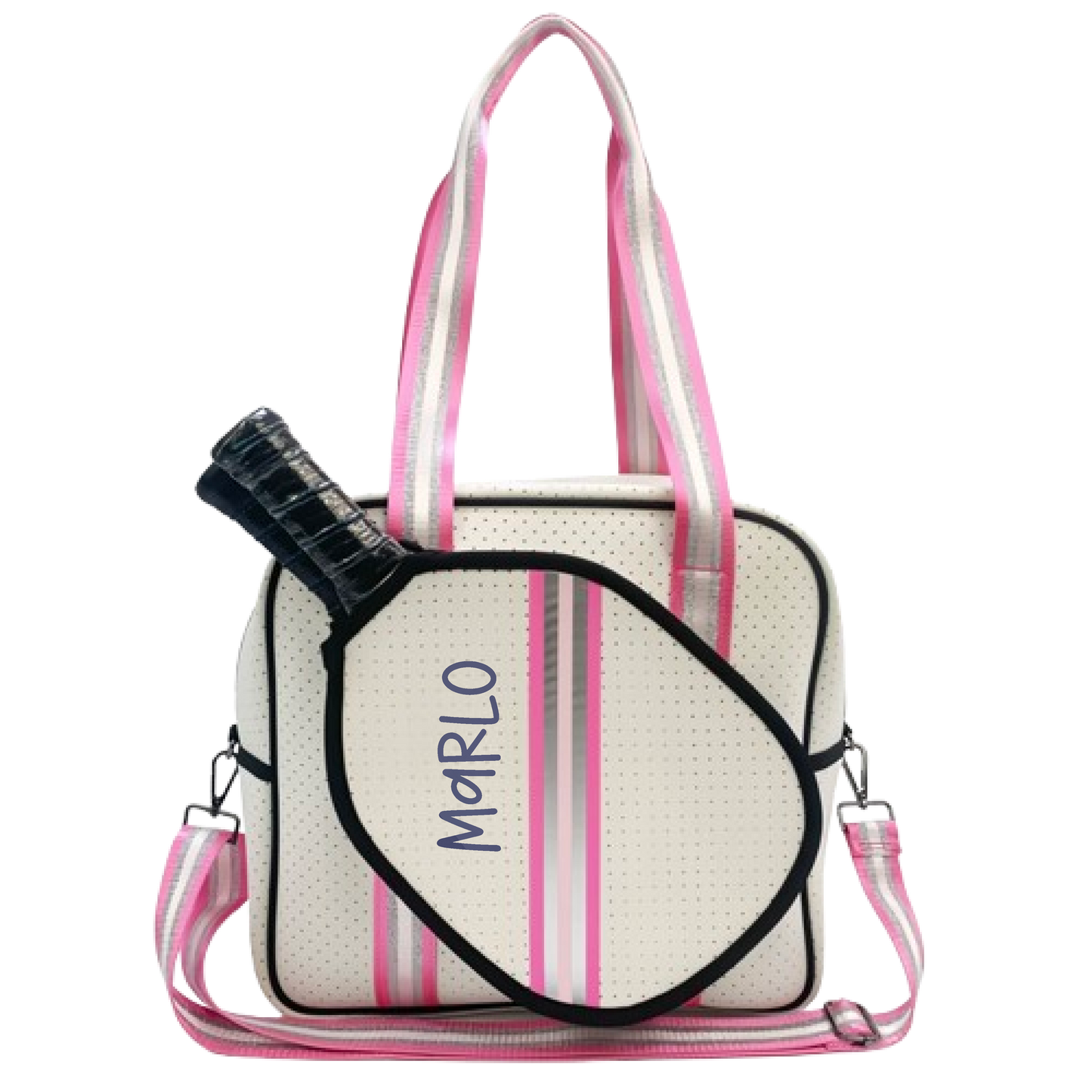 "Pink Frost" White and Pink/Silver Trim Pickleball Sports Bag (Free Customization) | Medium Size Court Bag