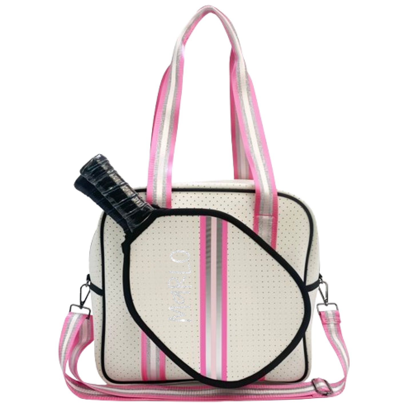 "Pink Frost" White and Pink/Silver Trim Pickleball Sports Bag (Free Customization) | Medium Size Court Bag