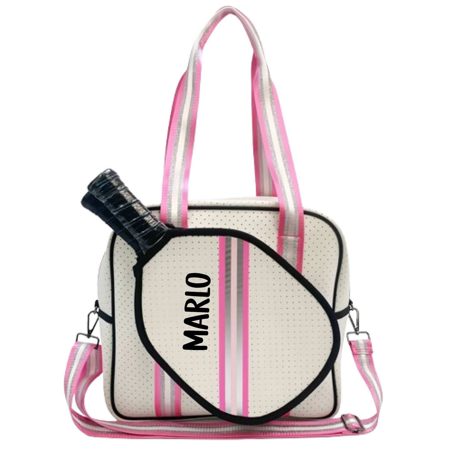 "Pink Frost" White and Pink/Silver Trim Pickleball Sports Bag (Free Customization) | Medium Size Court Bag