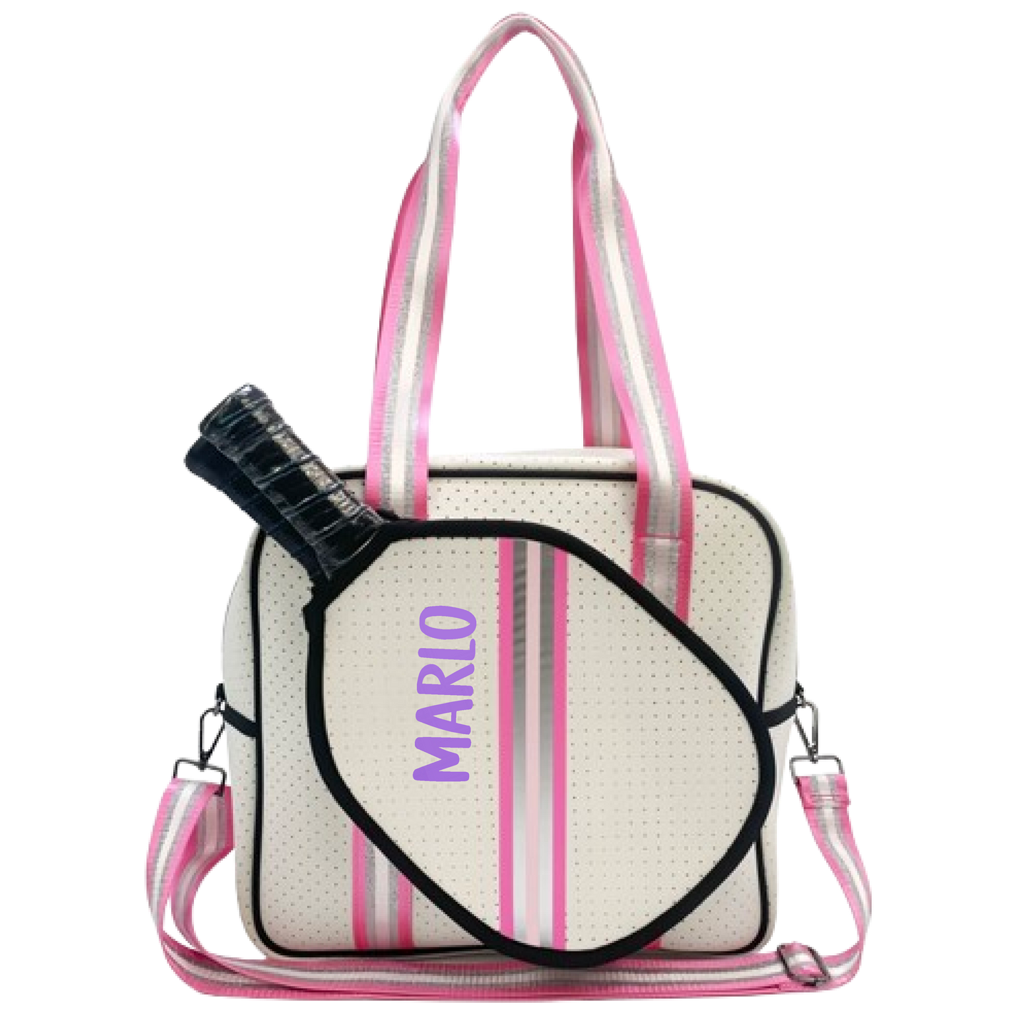 "Pink Frost" White and Pink/Silver Trim Pickleball Sports Bag (Free Customization) | Medium Size Court Bag